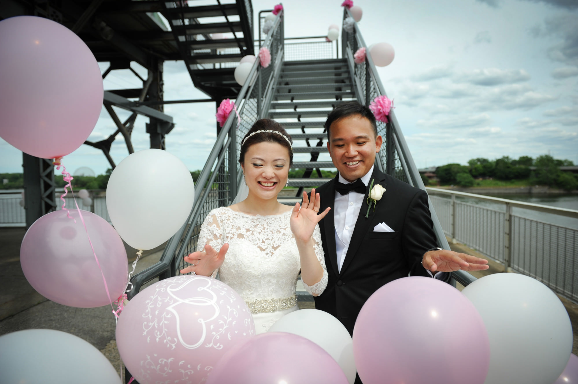 pink and white, wedding balloons, love, rooftop wedding ceremony, 