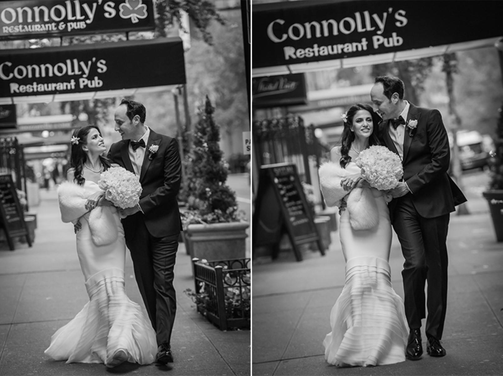 new york city wedding photography photographer photo groom bride emotional kiss black and white bw walking street