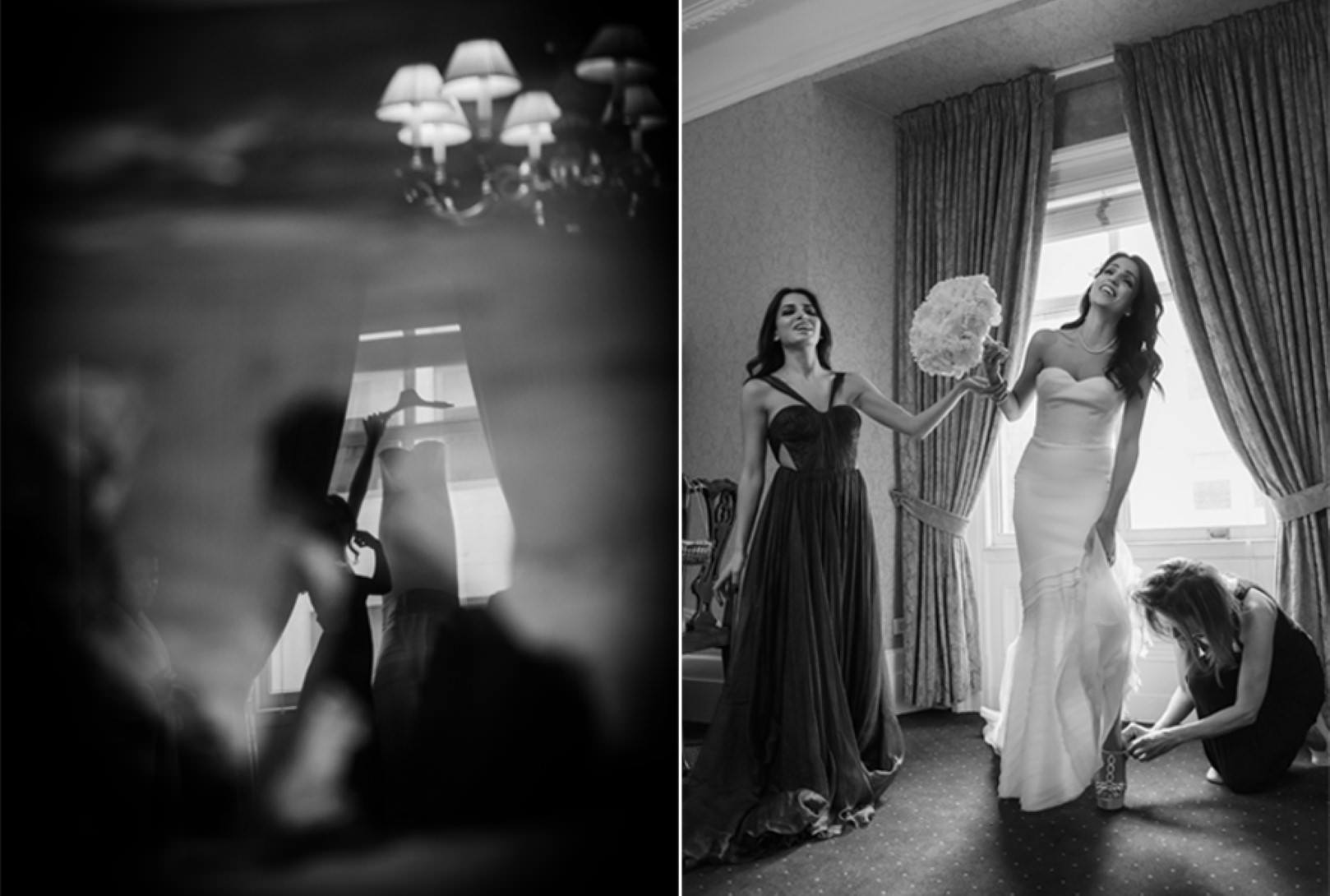 new york city wedding photography photographer photo bride getting ready hanging dress bouquet heels window