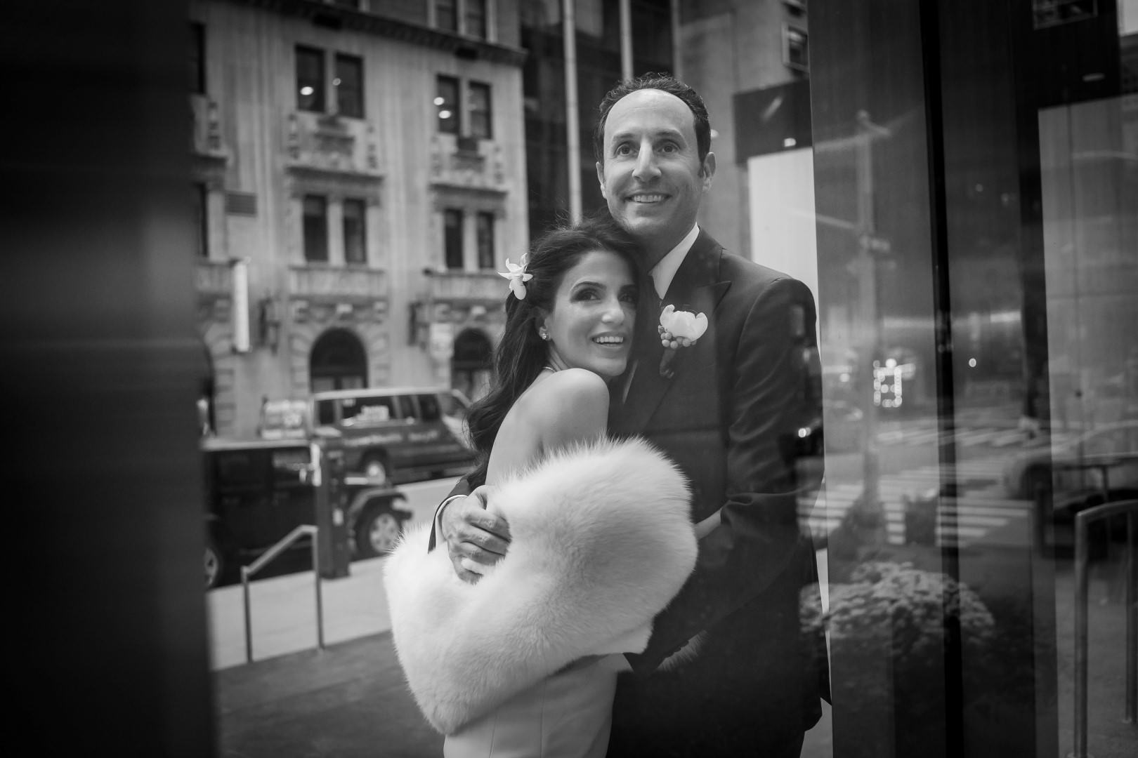 new york city artistic beautiful art wedding photography photographer photo groom bride emotional kiss walking street veil reflection black and white bw